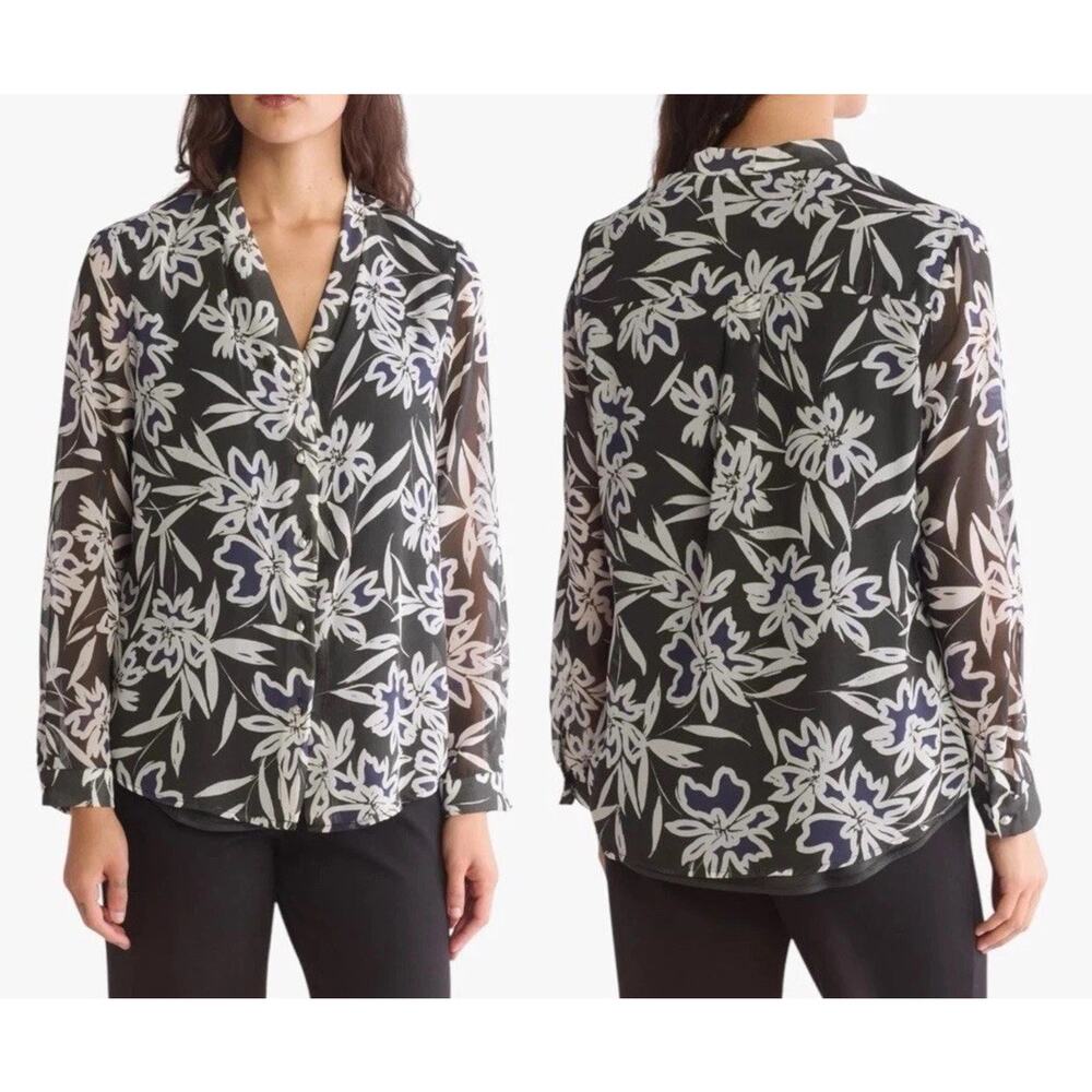 Adrianna Papell NWT Pearl Button Up Shirt in Grey Painted Floral Size Medium